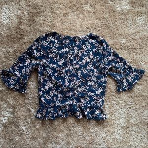 Royal & Pink V-Neck Flounce Sleeve Dynamite Blouse